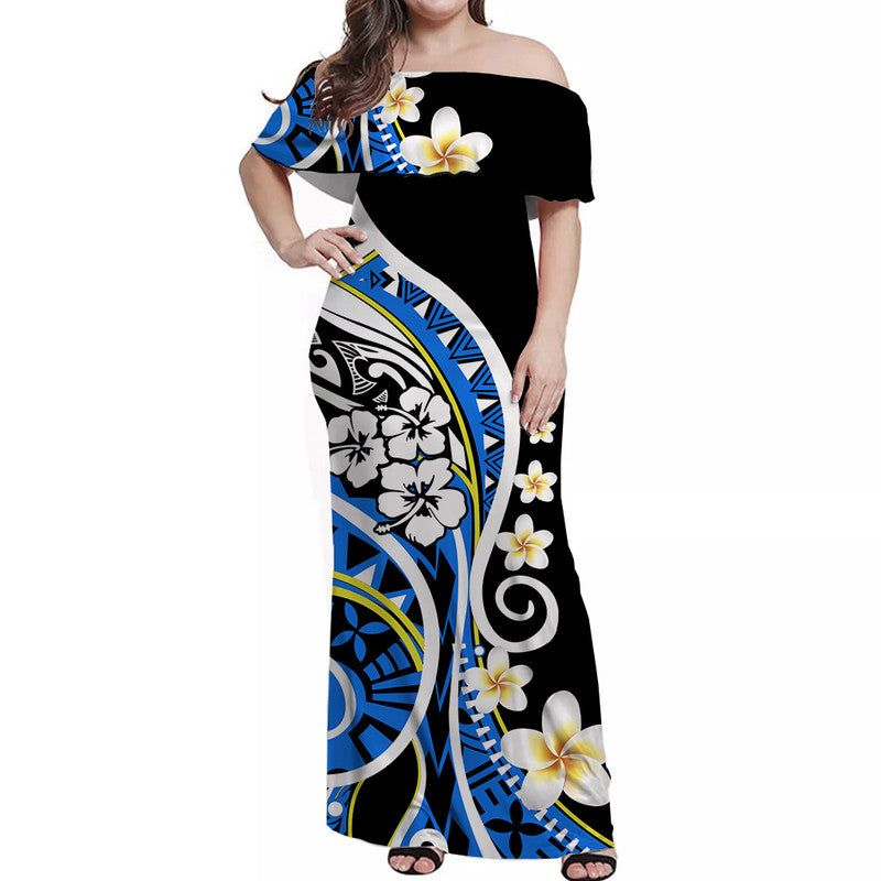 Plumeria Polynesian Off Shoulder Long Dress Trending Blue LT6 Women Blue - Polynesian Pride