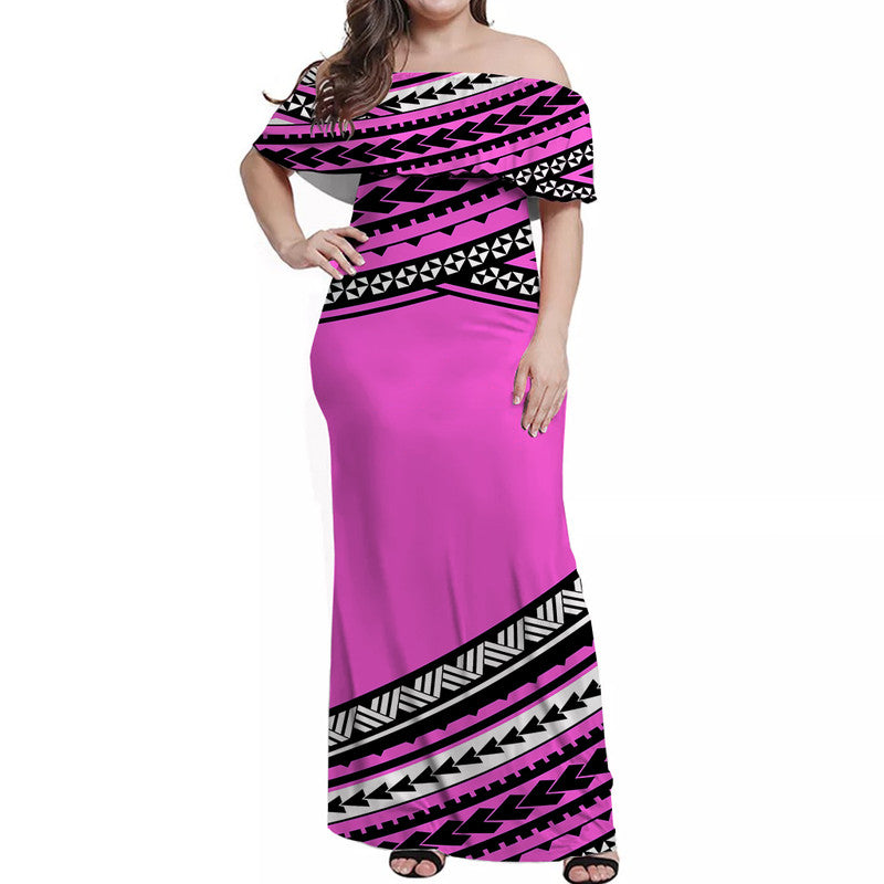 Polynesian Off Shoulders Long Dress Simple Pink LT6 Women Pink - Polynesian Pride