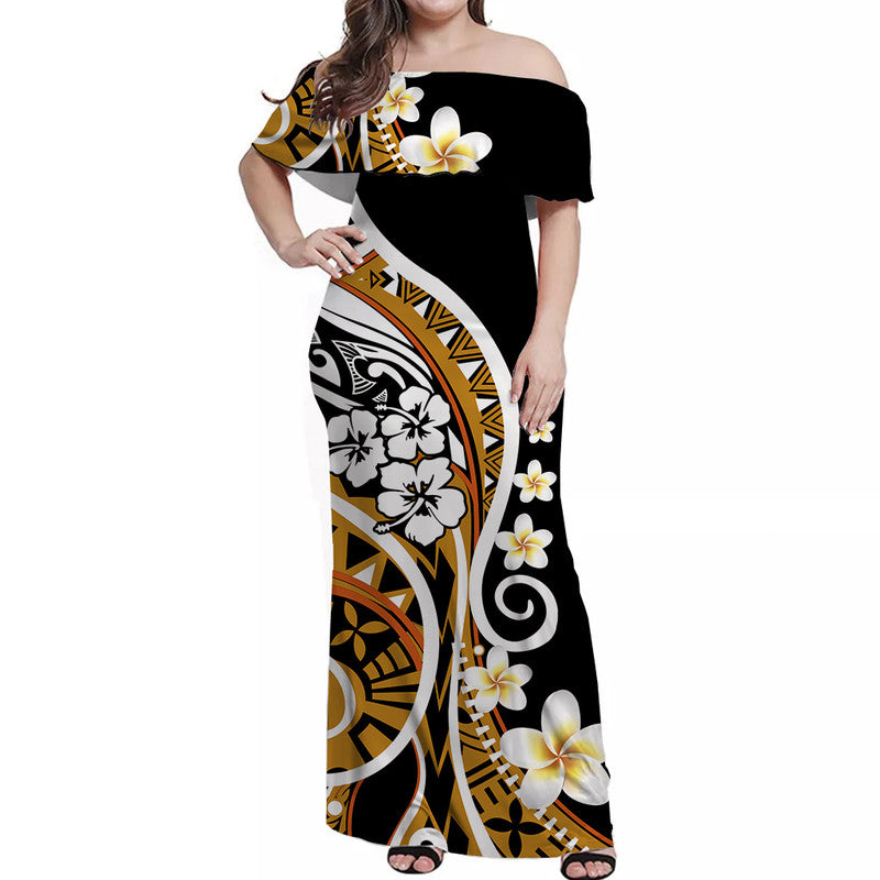 Plumeria Polynesian Off Shoulder Long Dress Trending Gold LT6 Women Gold - Polynesian Pride