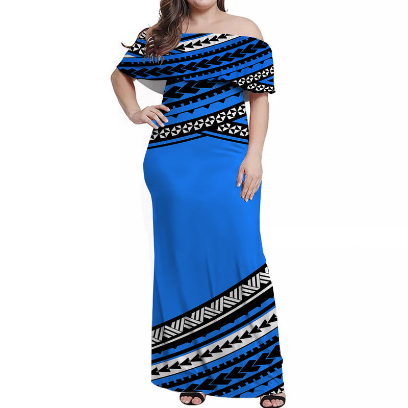 Polynesian Off Shoulders Long Dress Simple Blue LT6 Women Blue - Polynesian Pride