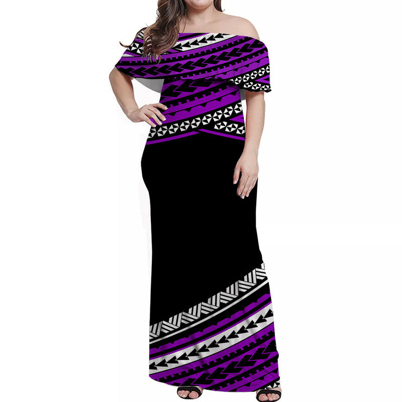 Polynesian Off Shoulders Long Dress Simple Purple No.1 LT6 Women Purple - Polynesian Pride