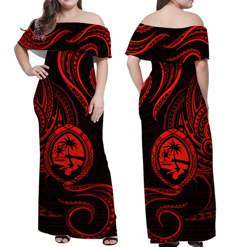 Polynesian Pride Guam With Polynesian Tribal Tattoo and Coat of Arms Off Shoulder Long Dress Red Version LT9 Women Red - Polynesian Pride