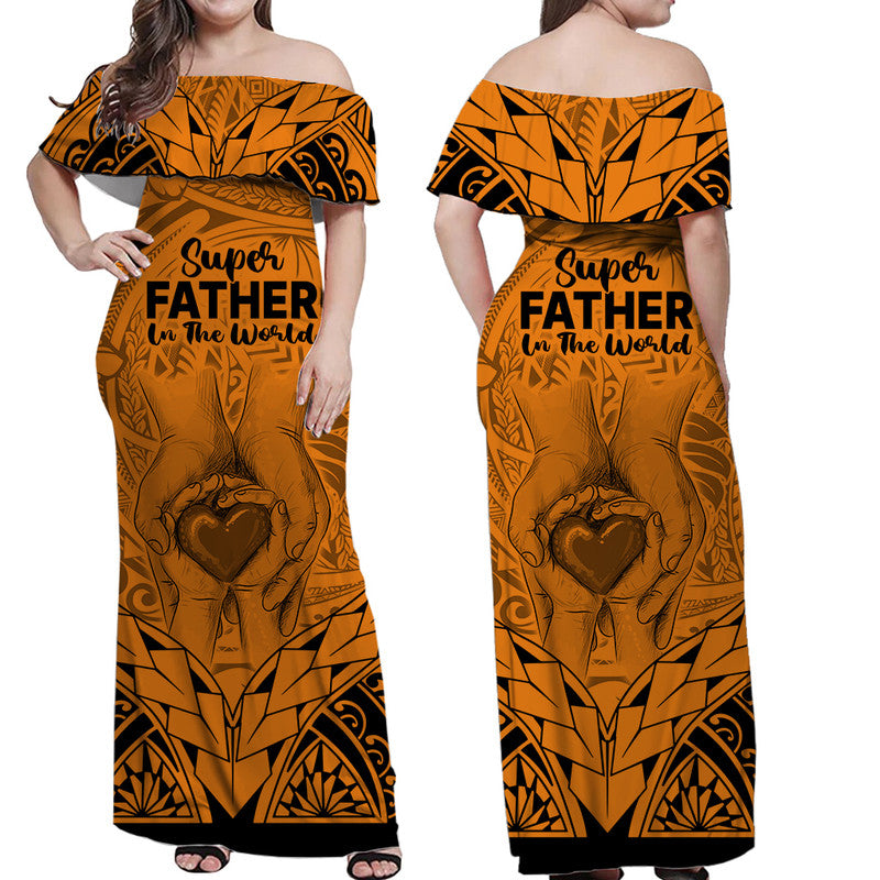 Polynesian Father's Day Gift For Dad Off Shoulder Long Dress Super Father In The World - Gold Polynesian Pattern LT9 Women Gold - Polynesian Pride