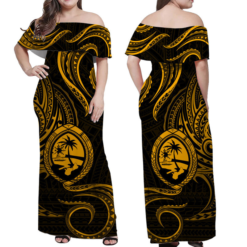 Polynesian Pride Guam With Polynesian Tribal Tattoo and Coat of Arms Off Shoulder Long Dress Gold Version LT9 Women Gold - Polynesian Pride