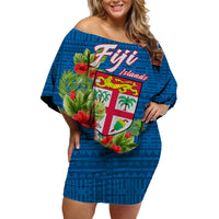 Fiji Islands Off Shoulder Short Dress Tropical Flowers and Tapa Pattern LT9 - Polynesian Pride