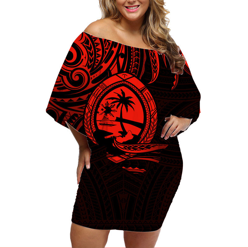 Polynesian Pride Guam With Polynesian Tribal Tattoo and Coat of Arms Off Shoulder Short Dress Red Version LT9 - Polynesian Pride