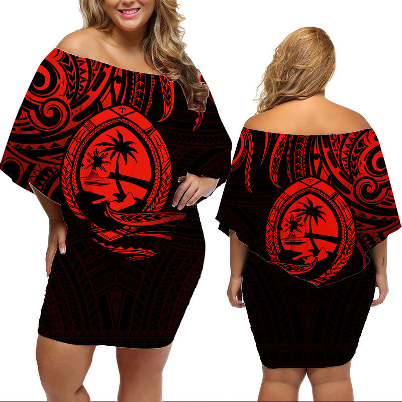 Polynesian Pride Guam With Polynesian Tribal Tattoo and Coat of Arms Off Shoulder Short Dress Red Version LT9 Women Red - Polynesian Pride