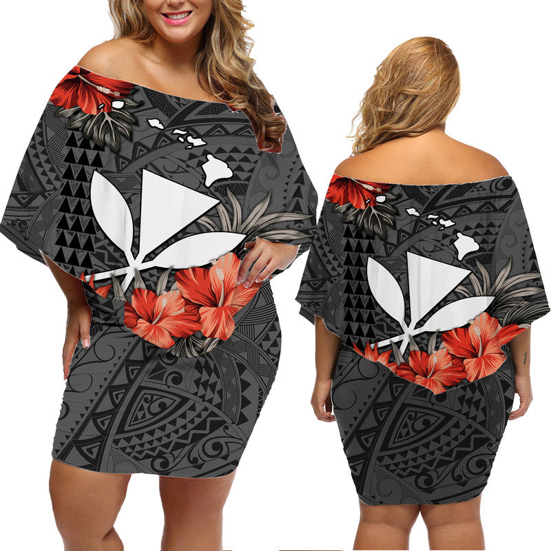 Hawaii Kanaka Maoli Off Shoulder Short Dress Polynesian Vintage Vibes LT9 Women Black - Polynesian Pride