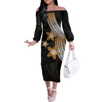 Polynesian Couples Matching Outfits Combo Long Sleeve Dress With Plumeria Flower Gold LT6 - Polynesian Pride