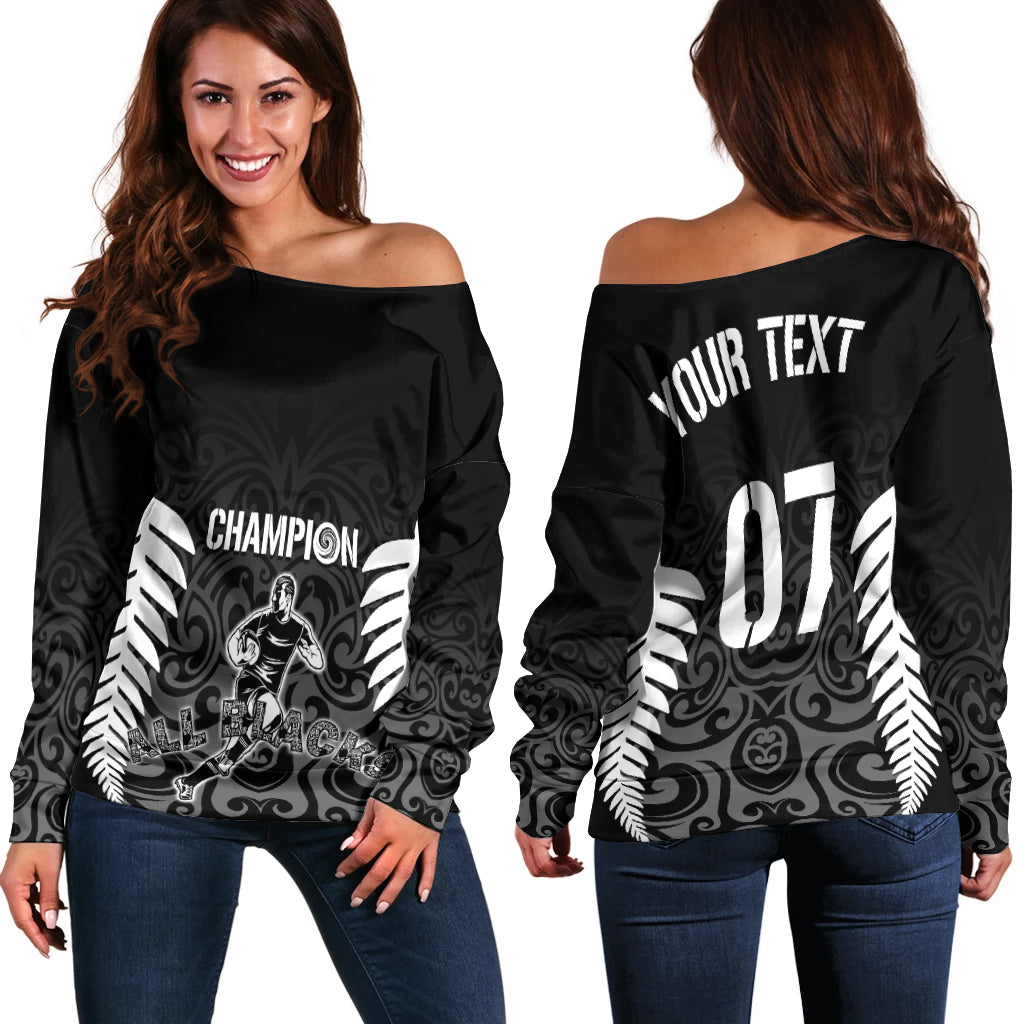 Personalised New Zealand Off Shoulder Sweater All Black Champion LT7 Women Black - Polynesian Pride