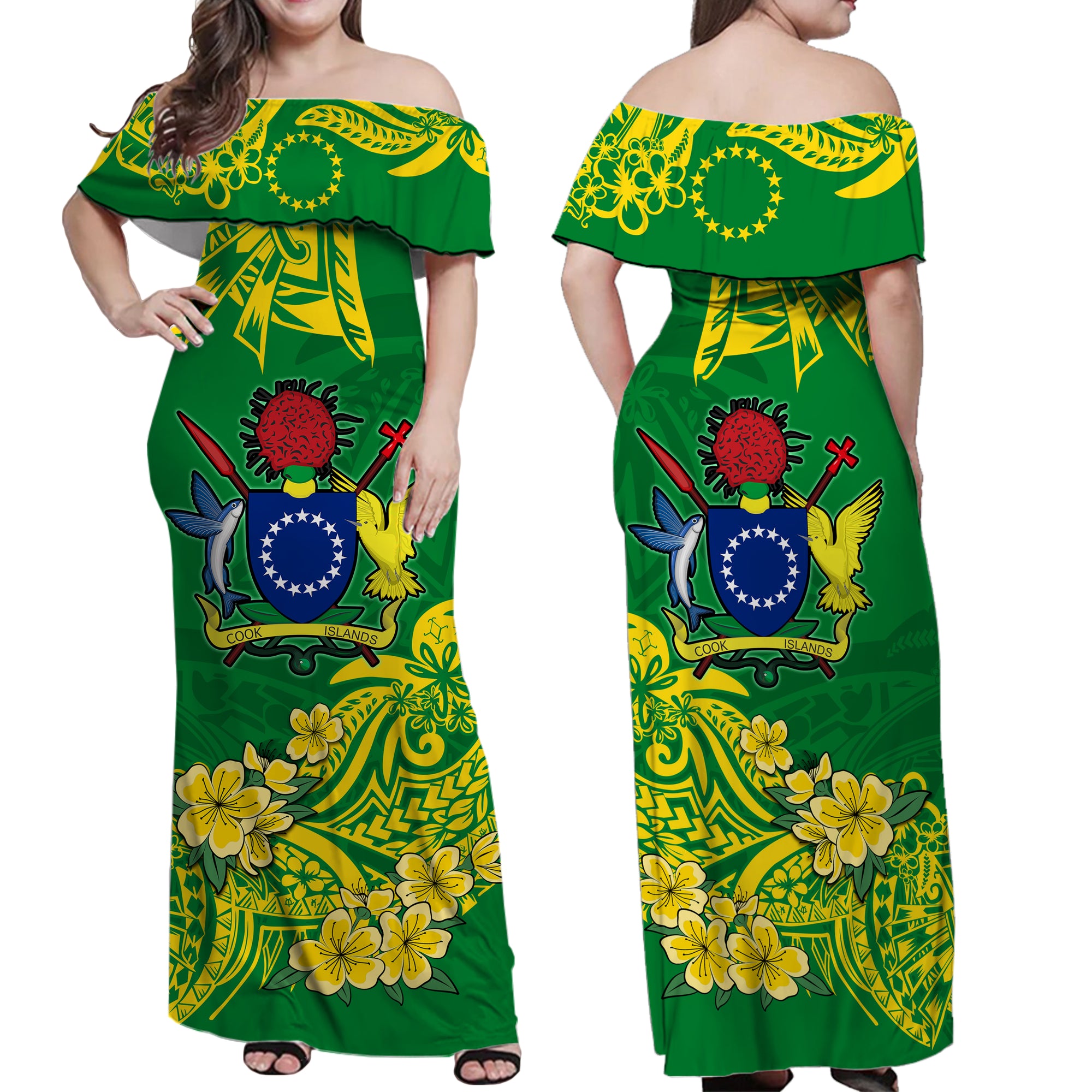 Cook Island Off Shoulder Long Dress Polynesian Floral Tribal LT9 - Polynesian Pride