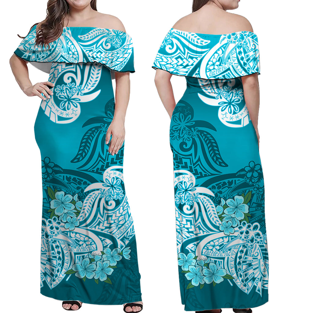 Polynesian Floral Tribal Off Shoulder Long Dress Teal LT9 - Polynesian Pride