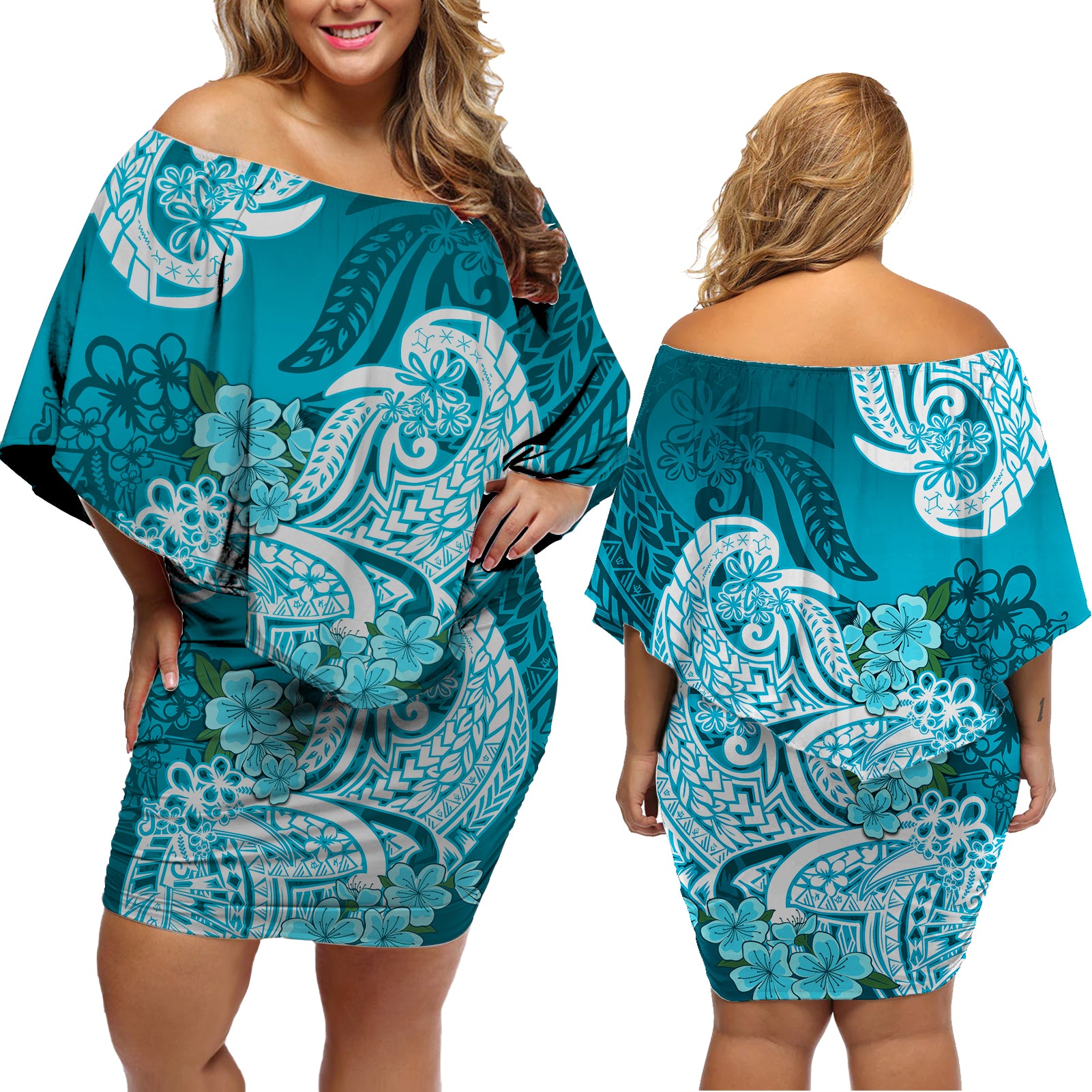 Polynesian Floral Tribal Off Shoulder Short Dress Teal LT9 - Polynesian Pride