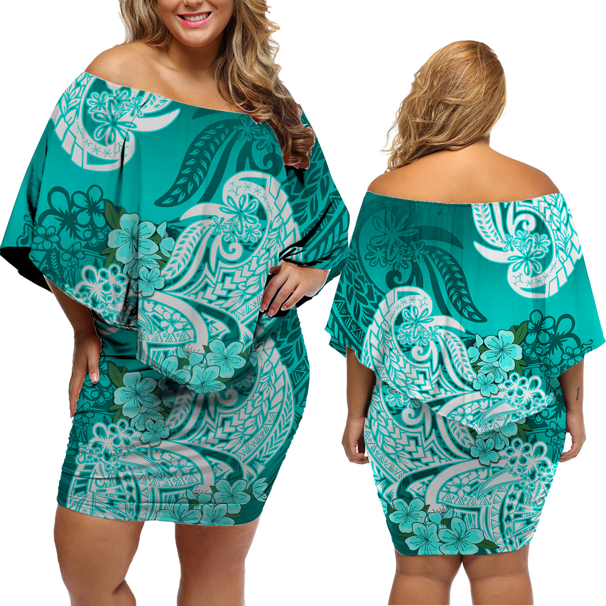 Polynesian Floral Tribal Off Shoulder Short Dress Turquoise LT9 - Polynesian Pride