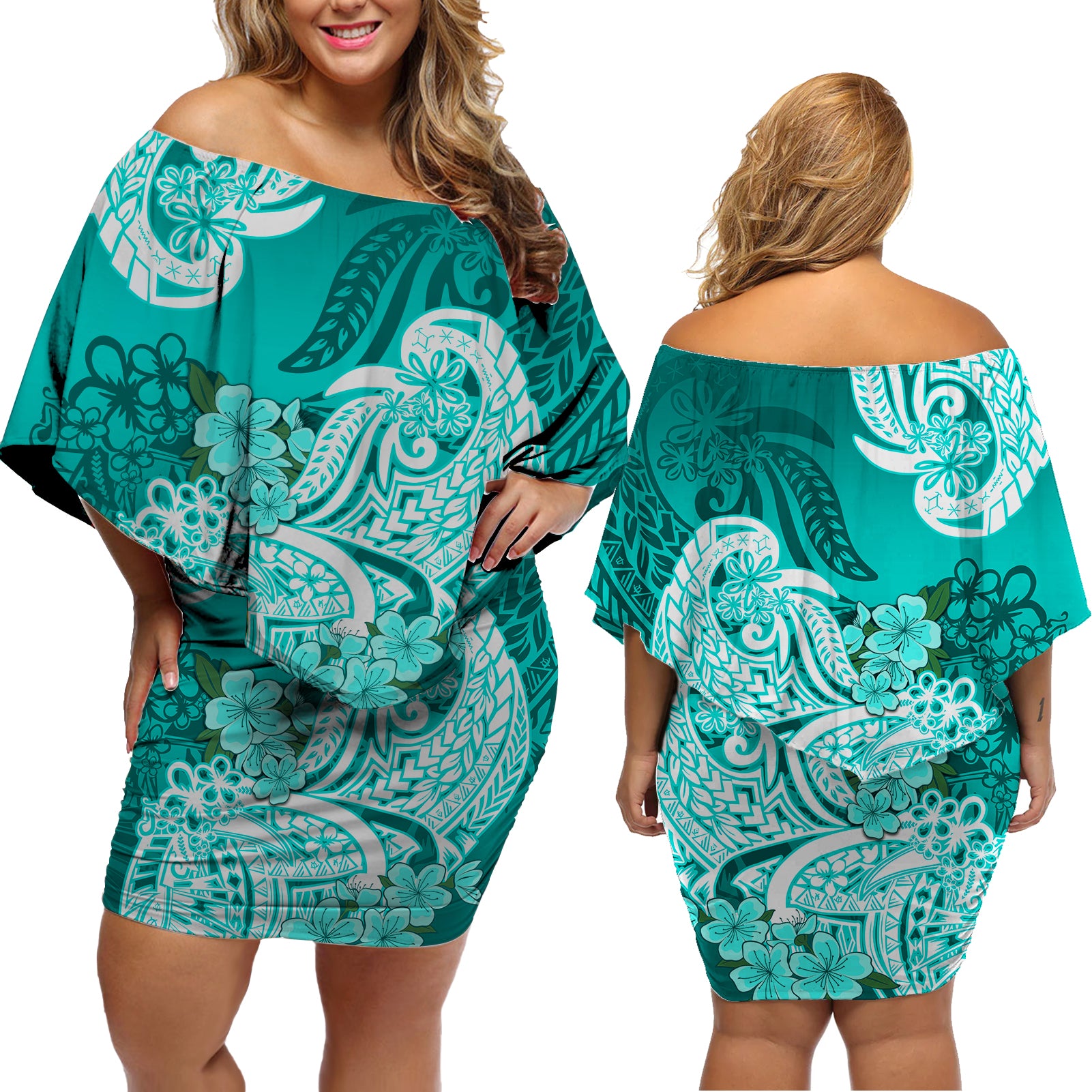 Polynesian Floral Tribal Off Shoulder Short Dress Turquoise LT9 - Polynesian Pride