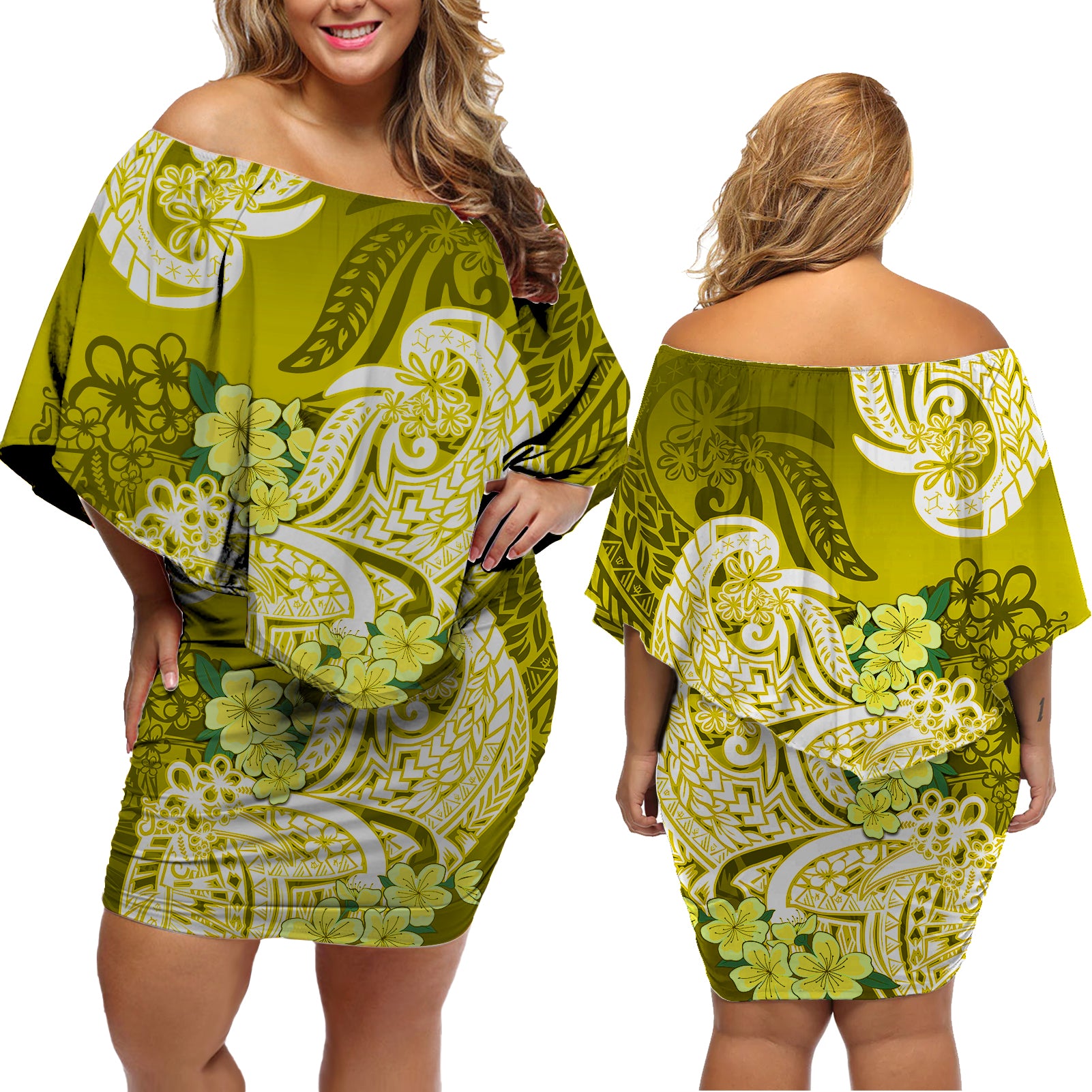 Polynesian Floral Tribal Off Shoulder Short Dress Yellow LT9 - Polynesian Pride