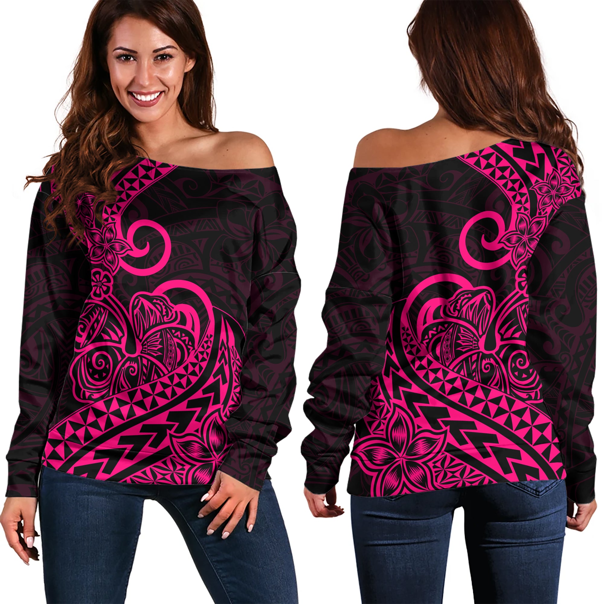 Polynesian Tribal Tattoo Off Shoulder Sweater Pink LT9