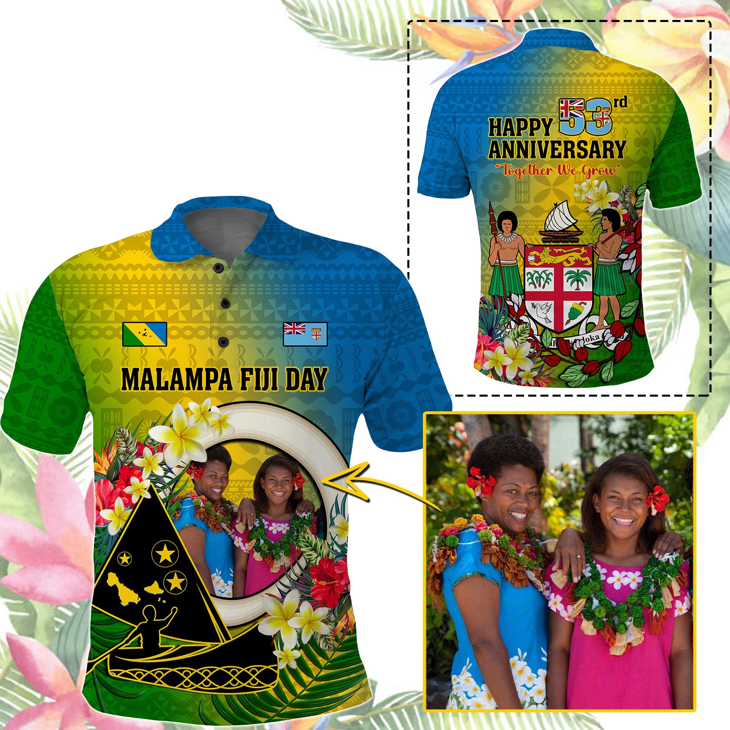 Custom Photo Malampa Fiji Day Polo Shirt Together We Grow Coat Of Arms Tropical Flowers CTM14 - Polynesian Pride