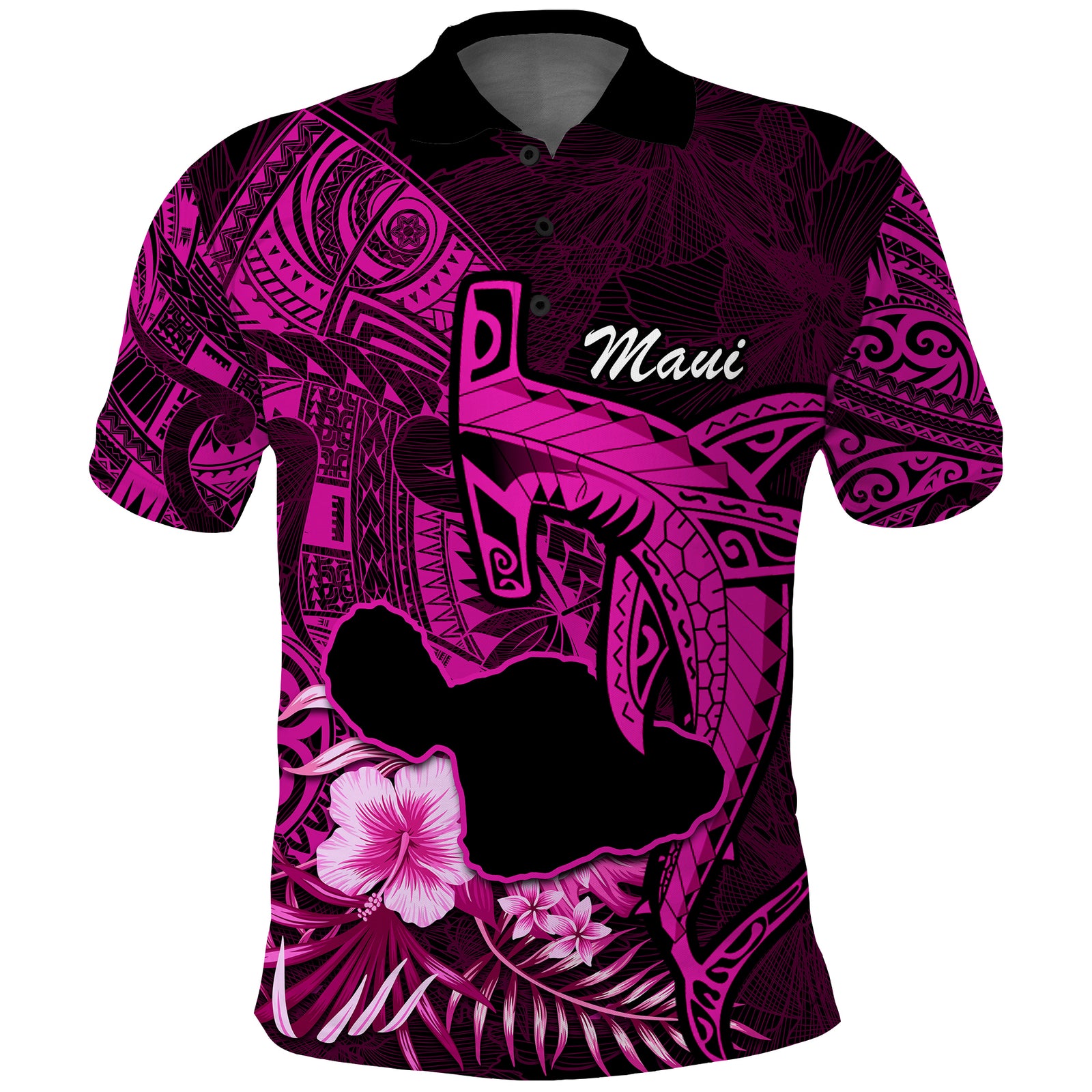 Hawaii Islands Polo Shirt Maui Map Hawaiian Shark With Tropical Flowers LT14 Pink - Polynesian Pride