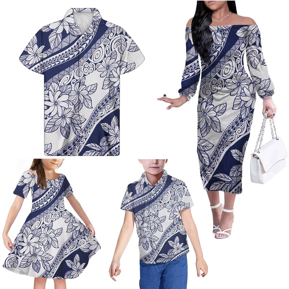 Matching Outfits For Family Polynesian Tribal Hawaii Floral Off Shoulder Long Sleeve Dress And Shirt Family Set Clothes - Polynesian Pride