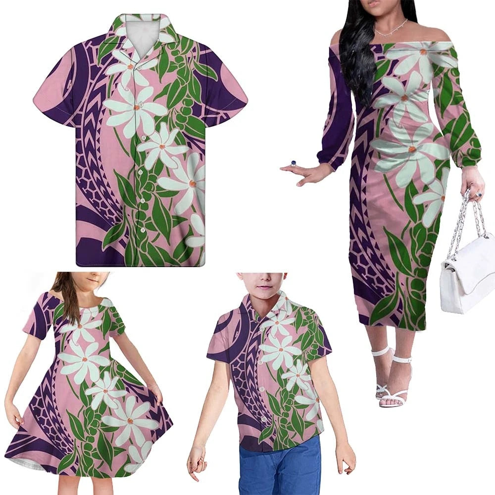 Family Matching Outfits Polynesian Tribal Hawaii Flowers Off Shoulder Long Sleeve Dress And Shirt Family Set Clothes - Polynesian Pride