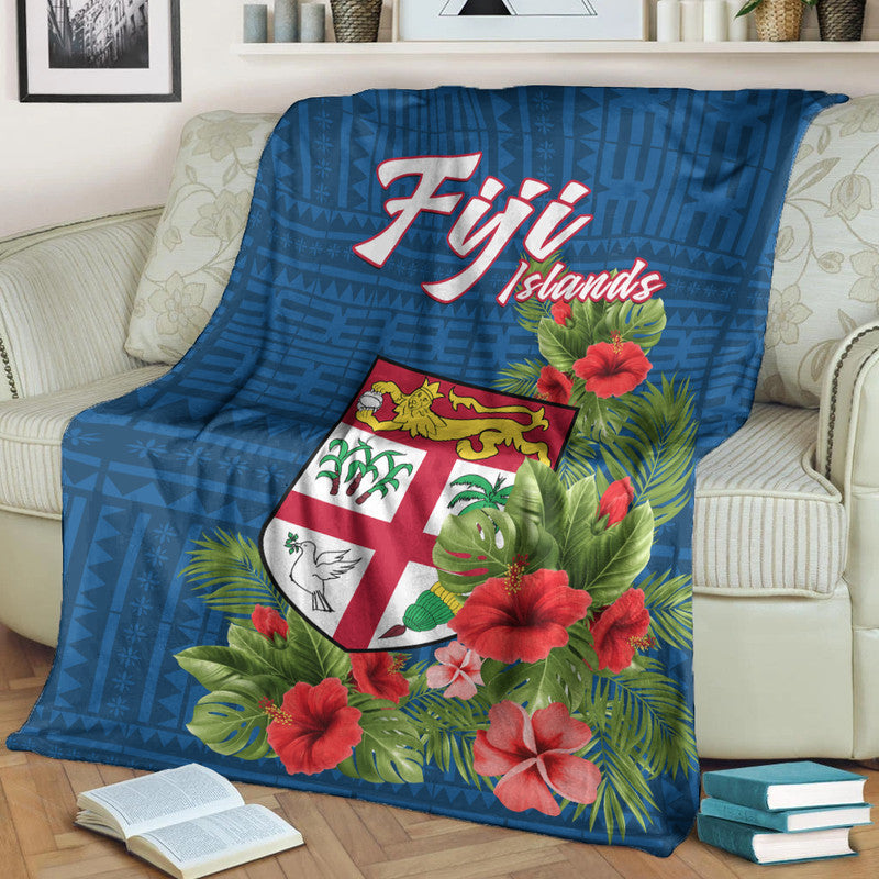 Fiji Islands Premium Blanket Tropical Flowers and Tapa Pattern LT9 Blue - Polynesian Pride