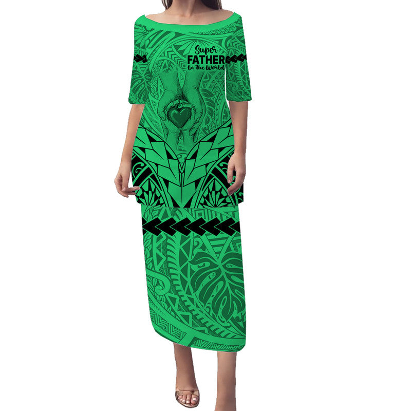 Polynesian Father's Day Gift For Dad Puletasi Dress Super Father In The World - Green Polynesian Pattern LT9 Long Dress Green - Polynesian Pride