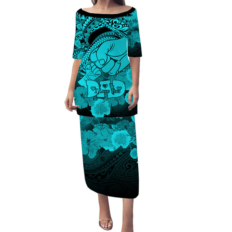 Polyneisian Pride Happy Father Day Puletasi Dress I Love You Dad - Polynesian Tribal Aqua LT9 Long Dress Aqua - Polynesian Pride