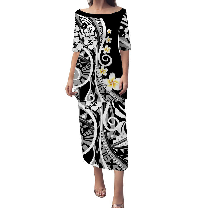 Plumeria Polynesian Puletasi Dress Trending Black LT6 Long Dress Black - Polynesian Pride