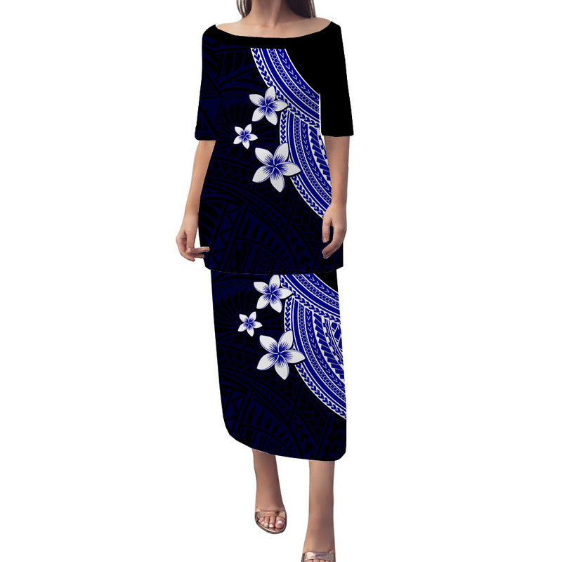 Polynesian Puletasi Dress With Plumeria Flower Blue LT6 Long Dress Blue - Polynesian Pride