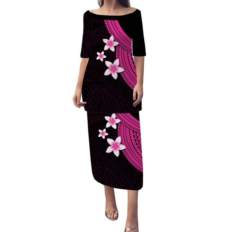 Polynesian Puletasi Dress With Plumeria Flower Pink LT6 Long Dress Pink - Polynesian Pride