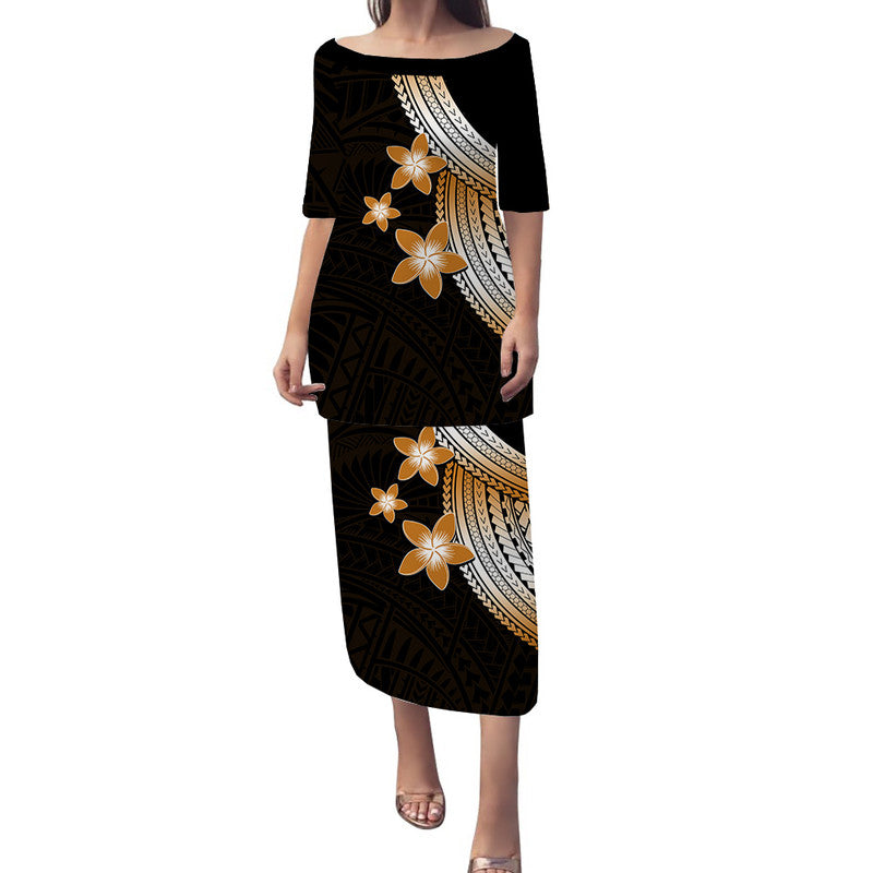 Polynesian Puletasi Dress With Plumeria Flower Gold LT6 Long Dress Gold - Polynesian Pride