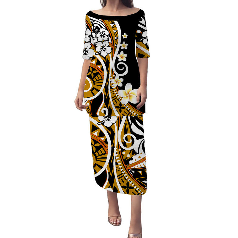 Plumeria Polynesian Puletasi Dress Trending Gold LT6 Long Dress Gold - Polynesian Pride