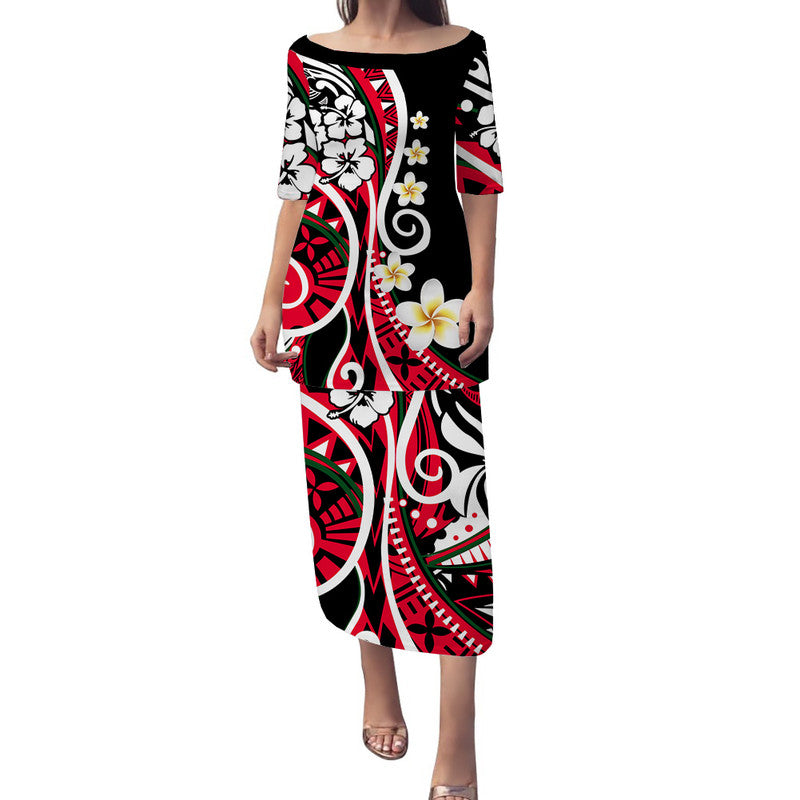 Plumeria Polynesian Puletasi Dress Trending Red LT6 Long Dress Red - Polynesian Pride