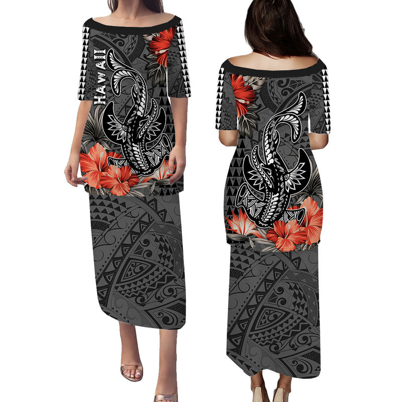 Hawaii Hammerhead Shark Puletasi Dress Polynesian Vintage Vibes LT9 Long Dress Black - Polynesian Pride