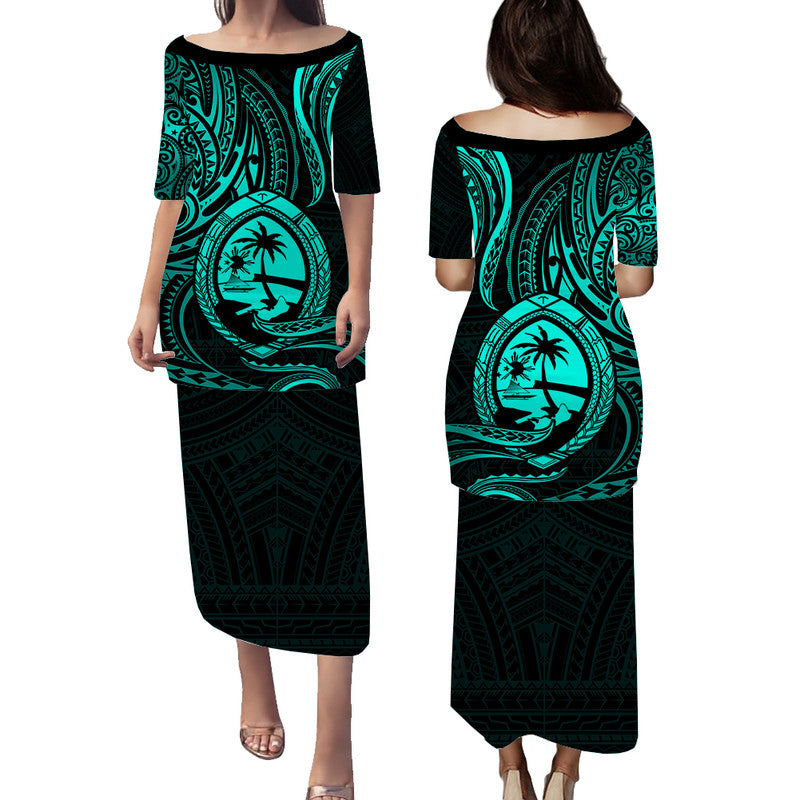 Polynesian Pride Guam With Polynesian Tribal Tattoo and Coat of Arms Puletasi Dress Turquoise Version LT9 Long Dress turquoise - Polynesian Pride