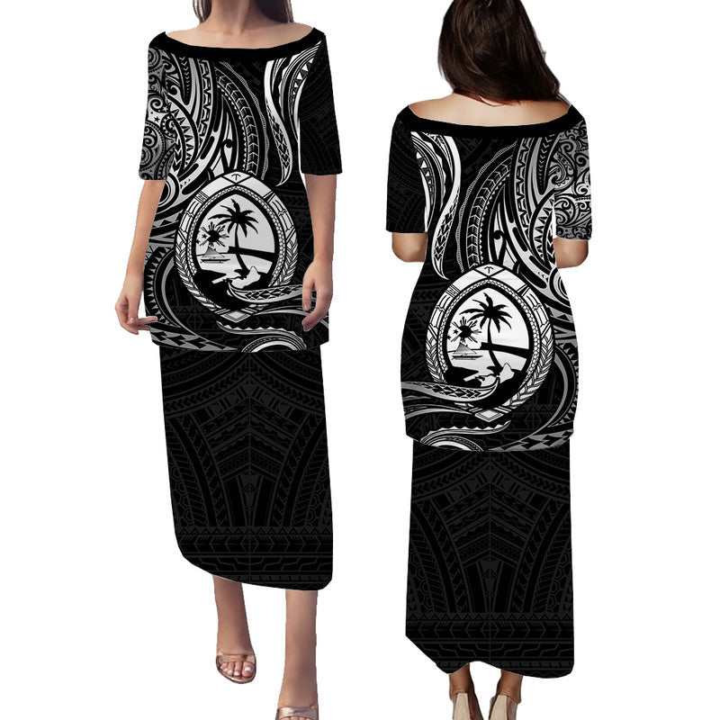 Polynesian Pride Guam With Polynesian Tribal Tattoo and Coat of Arms Puletasi Dress Black Version LT9 Long Dress Black - Polynesian Pride