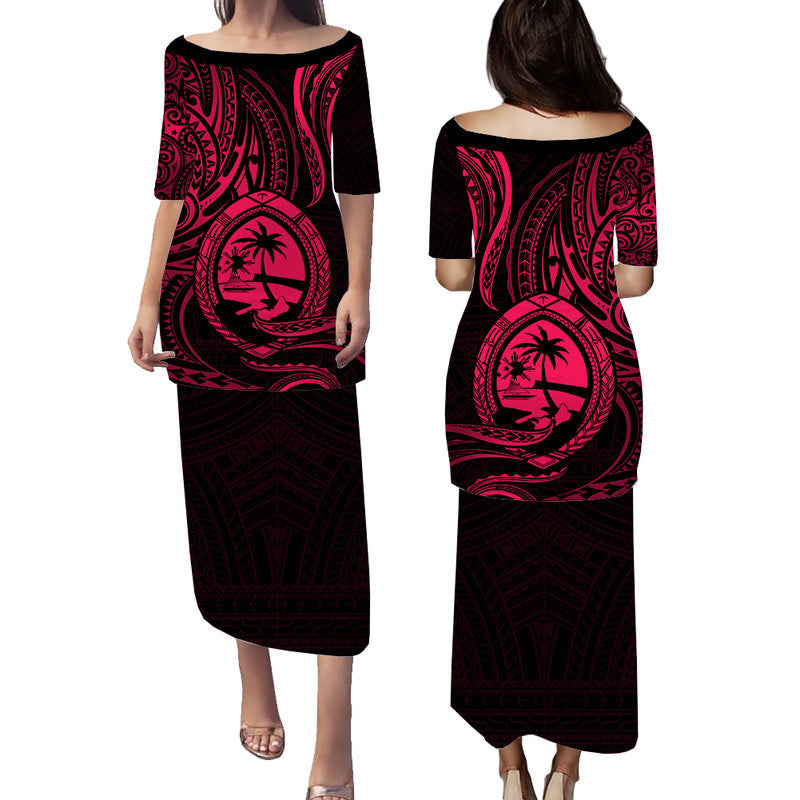 Polynesian Pride Guam With Polynesian Tribal Tattoo and Coat of Arms Puletasi Dress Pink Version LT9 Long Dress Pink - Polynesian Pride