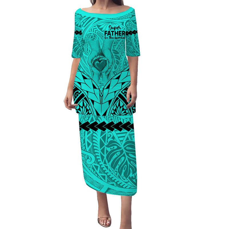 Polynesian Father's Day Gift For Dad Puletasi Dress Super Father In The World - Turquoise Polynesian Pattern LT9 Long Dress Turqouise - Polynesian Pride