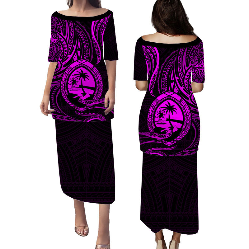 Polynesian Pride Guam With Polynesian Tribal Tattoo and Coat of Arms Puletasi Dress Purple Version LT9 Long Dress Purple - Polynesian Pride