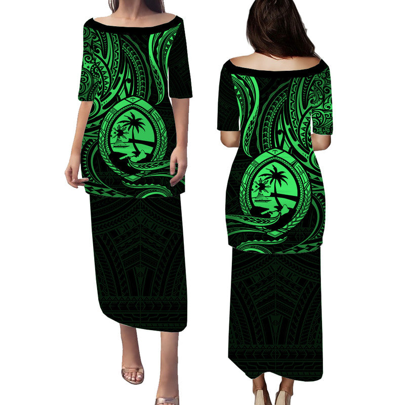 Polynesian Pride Guam With Polynesian Tribal Tattoo and Coat of Arms Puletasi Dress Green Version LT9 Long Dress Green - Polynesian Pride