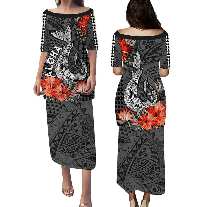 Hawaii Fish Hook Puletasi Dress Polynesian Vintage Vibes LT9 Long Dress Black - Polynesian Pride