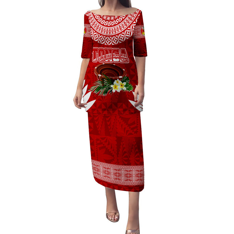 Personalised Tonga Independence Day Puletaha Dress Kumete Kava Bowl With Plumeria LT7 Long Dress Red - Polynesian Pride