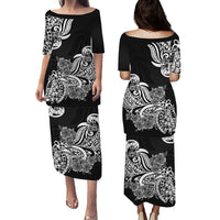 Polynesian Matching Couple Outfit Floral Tribal Puletasi Dress and Hawaiian Shirt Black LT9 - Polynesian Pride