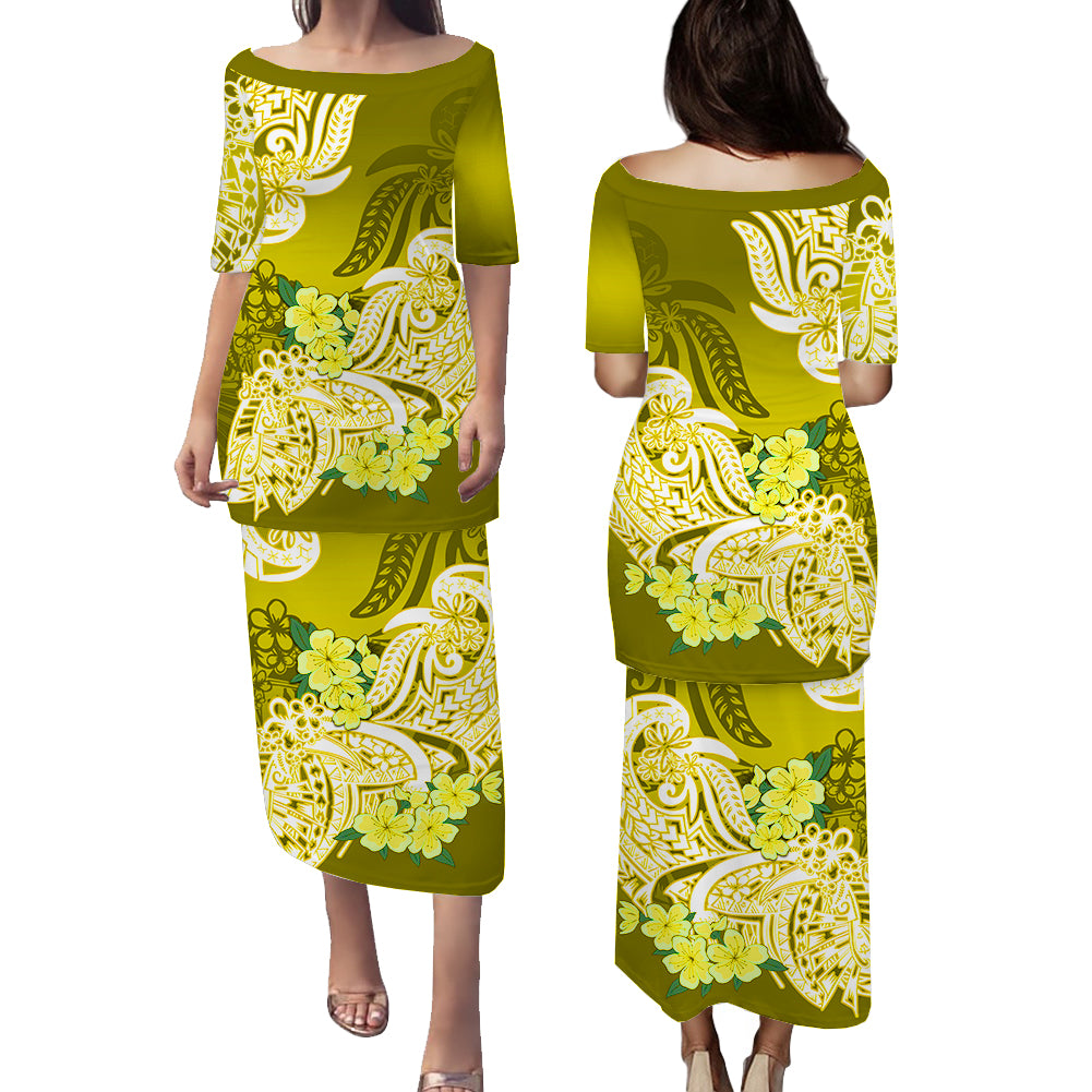 Polynesian Floral Tribal Puletasi Dress Yellow LT9 Long Dress Yellow - Polynesian Pride