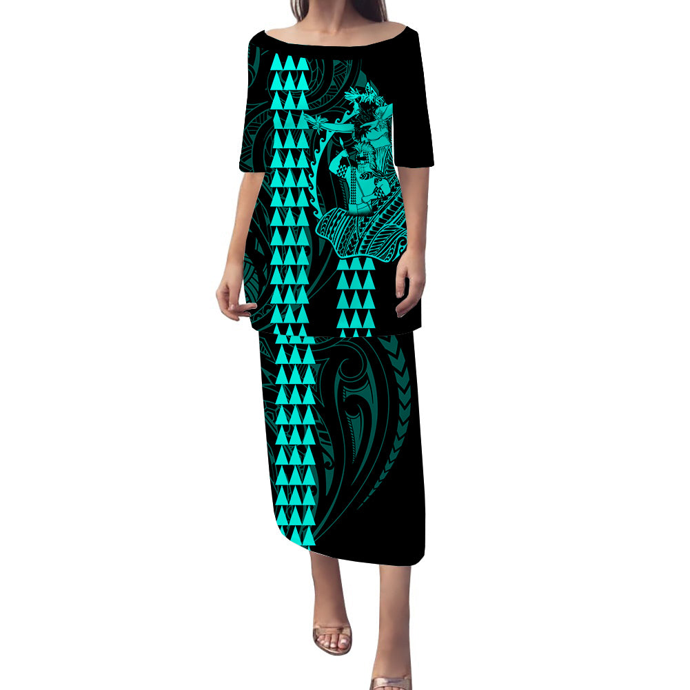 Polynesian Puletasi Dress Hawaiian Warrior and Aloha Girl With Hammerhead Shark Tattoos Turquoise LT6 Long Dress Green - Polynesian Pride
