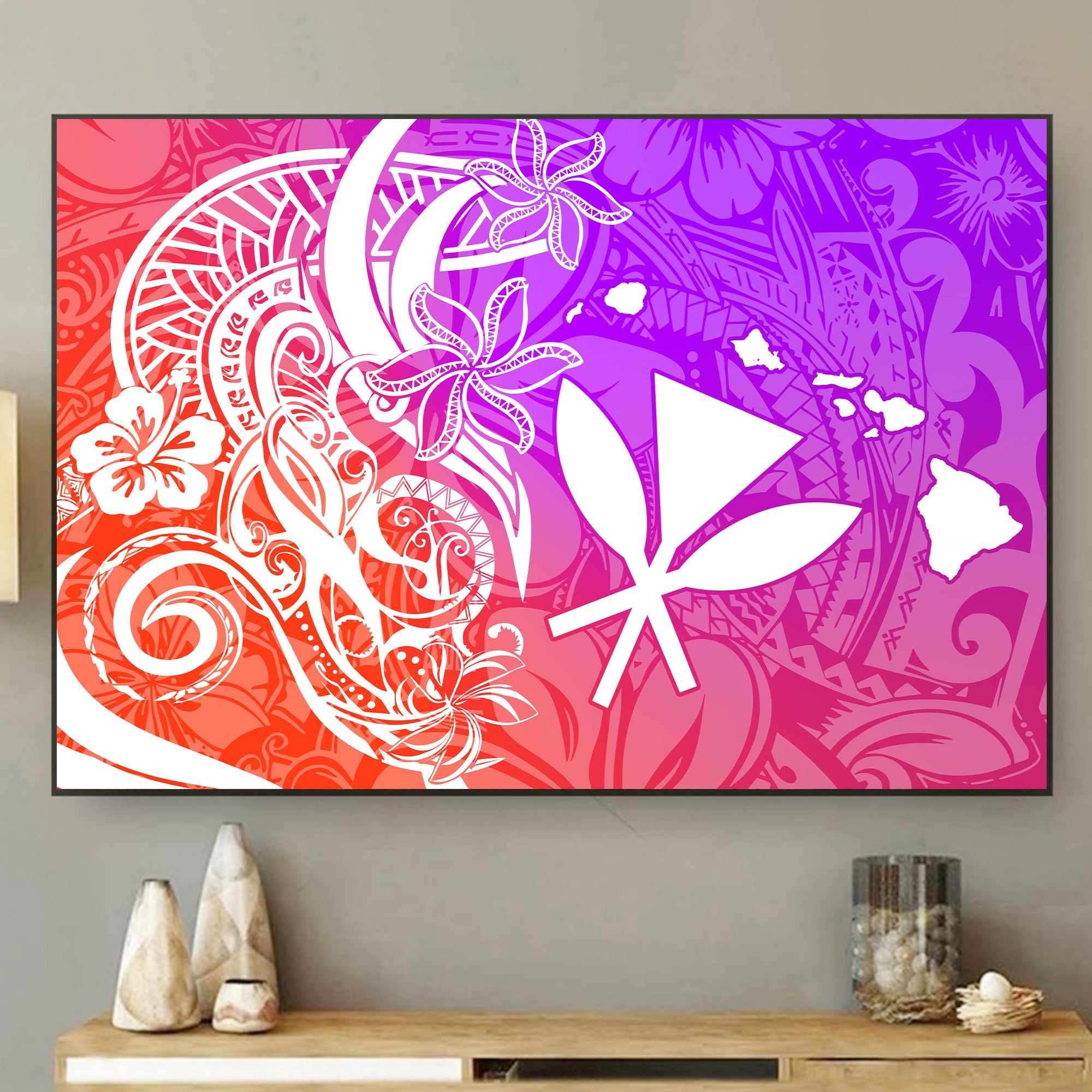 Polynesian Tribal Plumeria and Hawaii Kanaka Maoli Canvas Wall Art Purple Gradient Version LT9 - Polynesian Pride