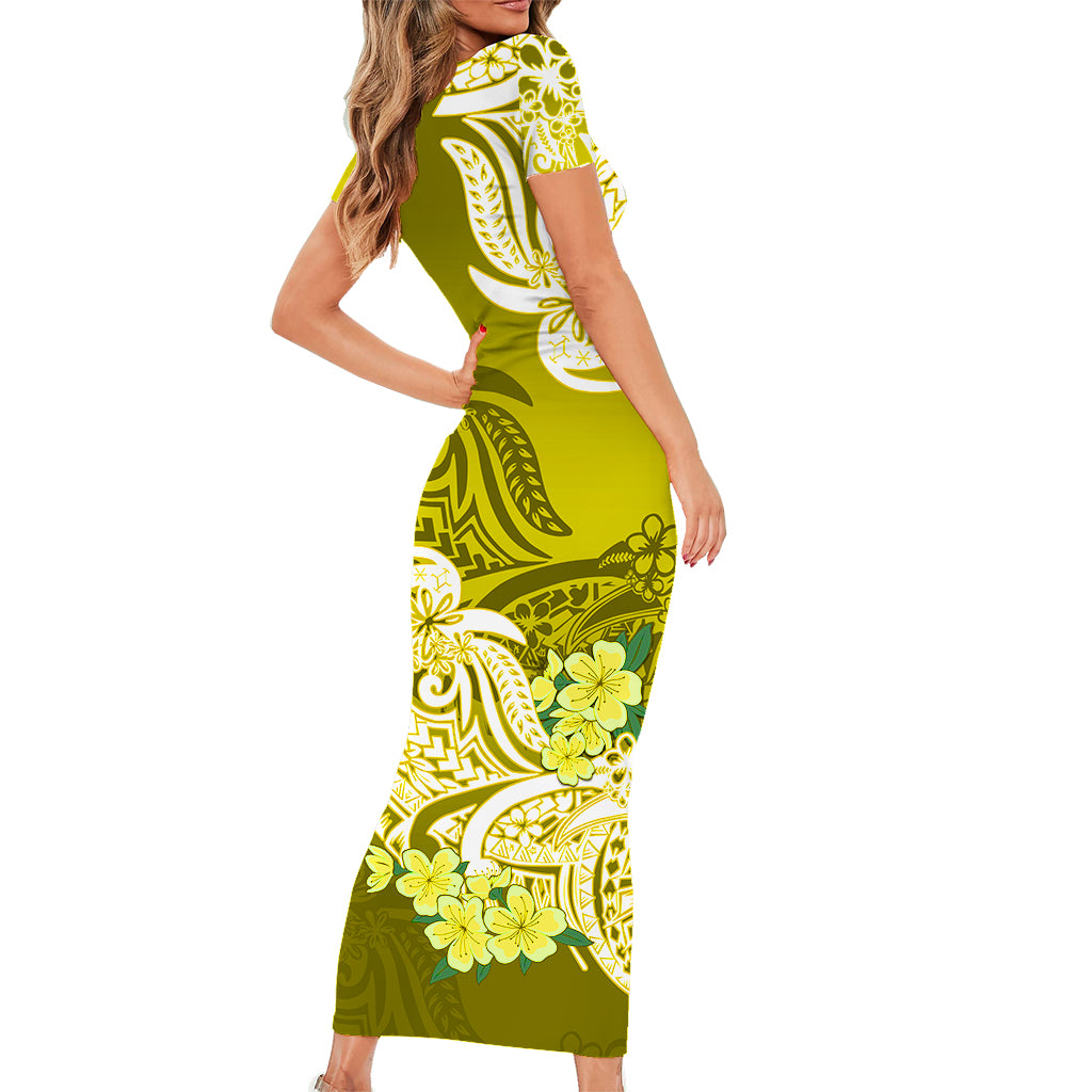 Polynesian Floral Tribal Short Sleeve Body Long Dress Yellow LT9 - Polynesian Pride