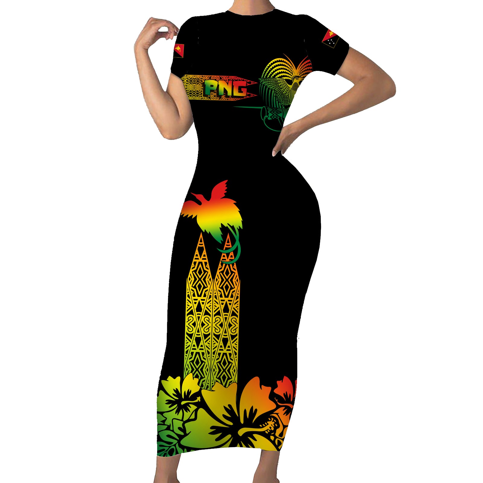 PNG Hibiscus Tribal Pattern Short Sleeve Bodycon Dress Motuan Reggae Color LT7 Long Dress Reggae - Polynesian Pride