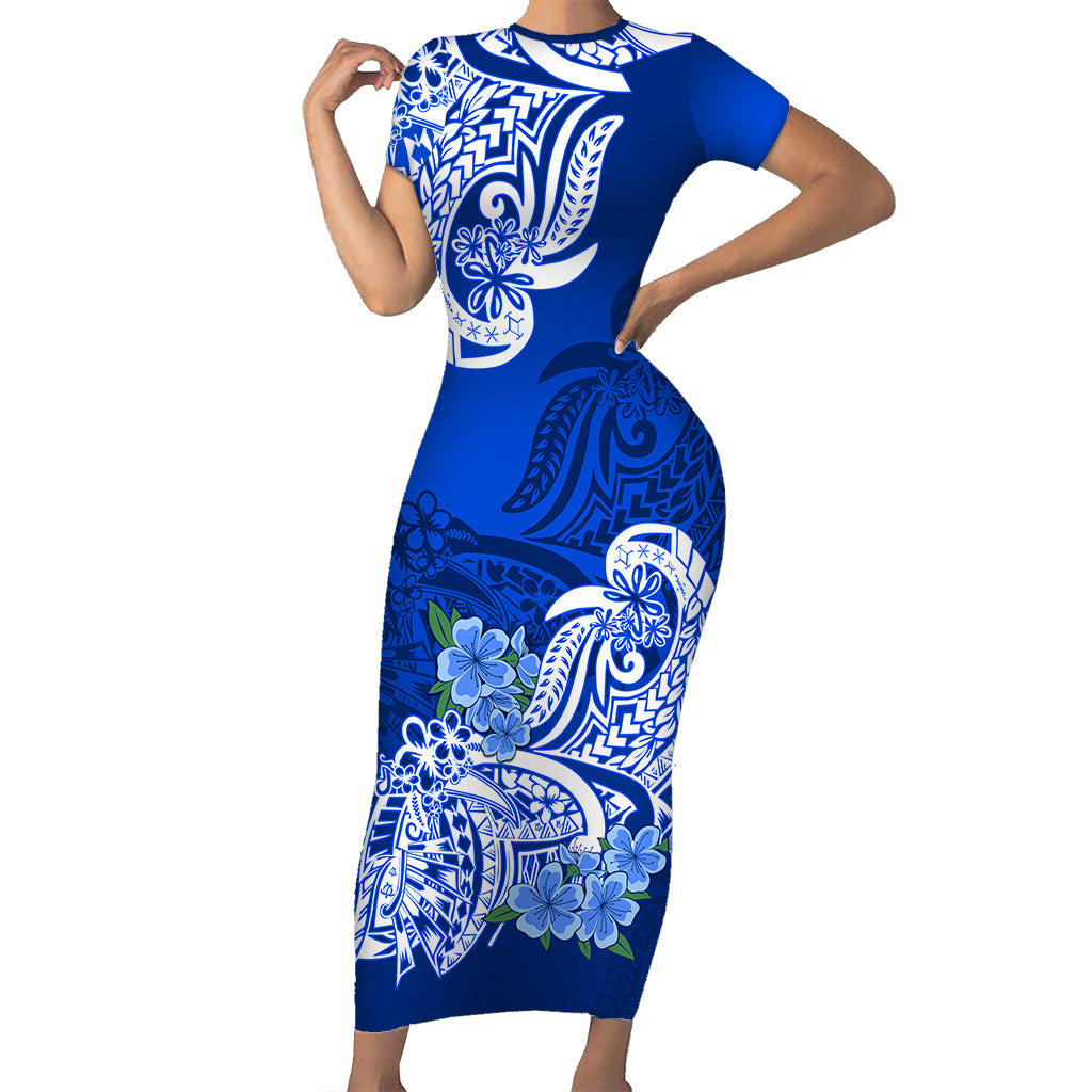 Polynesian Floral Tribal Short Sleeve Body Long Dress Blue LT9 - Polynesian Pride